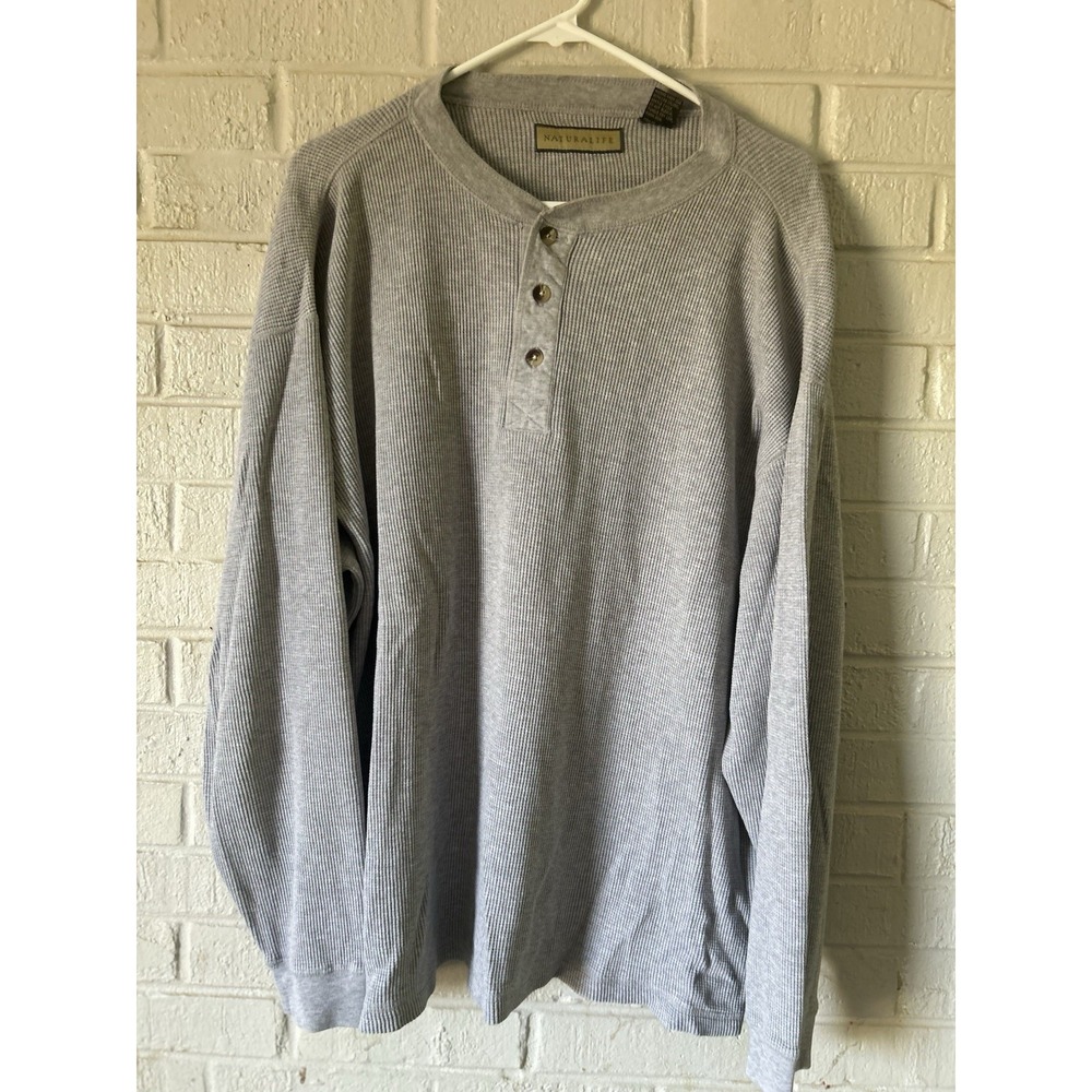 Natural Life Thermal Shirt Men's XL Gray Gray Cotton Blend Ribbed Waffle Knit